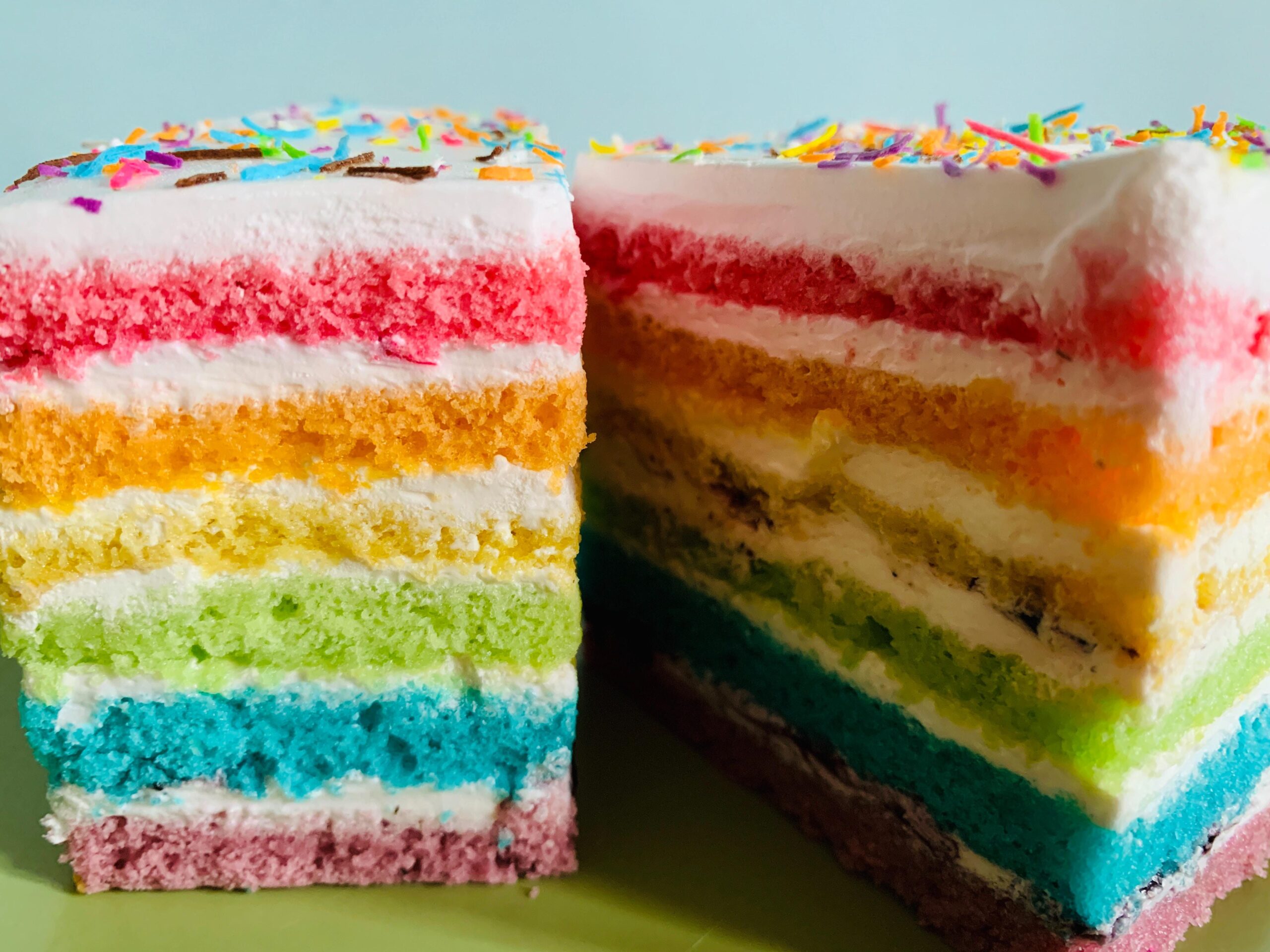 A multi-layered rainbow cake