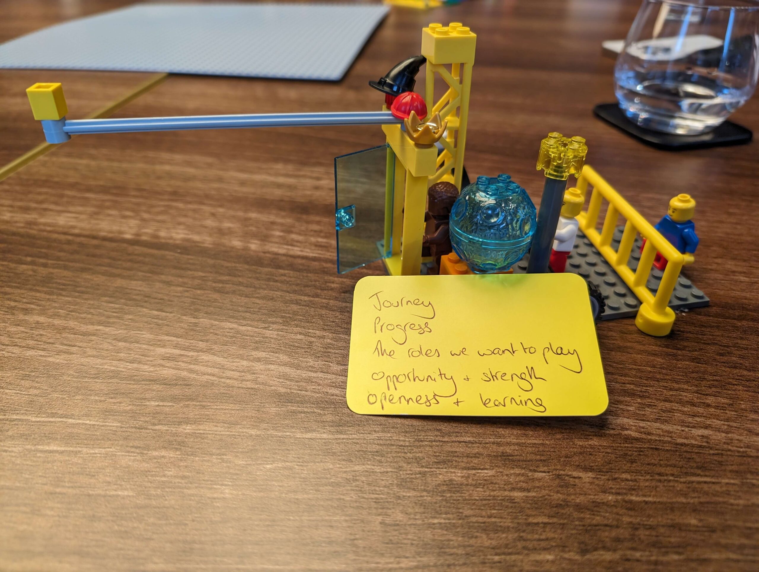 A LEGO model on a wooden table. The model is brightly coloured and includes a minifigure facing a yellow barrier, a clear blue egg, and open clear door (over which sit a witch's hat, a helmet and a crown), and a long pole stretching out ahead. There's a yellow card next to it that reads "journey, progress, the roles we want to play, opportunity and strength and openness and learning"